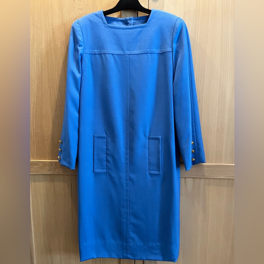 Helga for I.Magnin elegant cornflower blue dress with brass button detailing